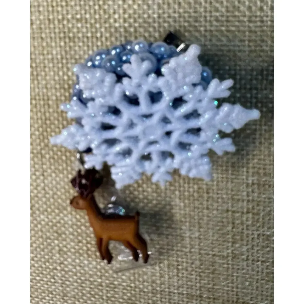 Snowflake On Blue Pearls with Deer Retractable Badge Holder Handmade